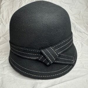 Kate‎ Landry Black Wool Cloche Hat with Decorative Stitching